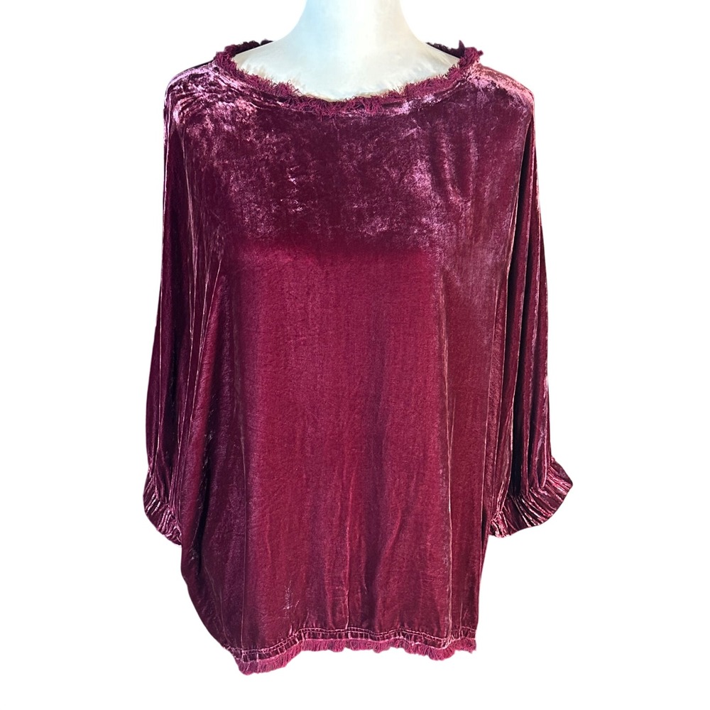 Sundance Blouse Womens Medium Burgundy Velvet Silk Blend Fringe Trim Relaxed